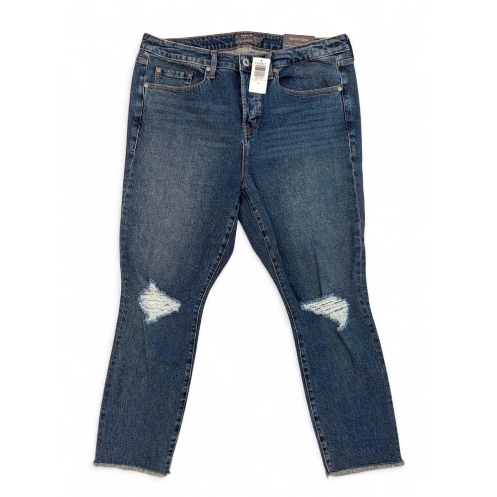 NWT Torrid Distressed Dark Blue Fitted Straight Leg Jeans High Rise Ankle Length